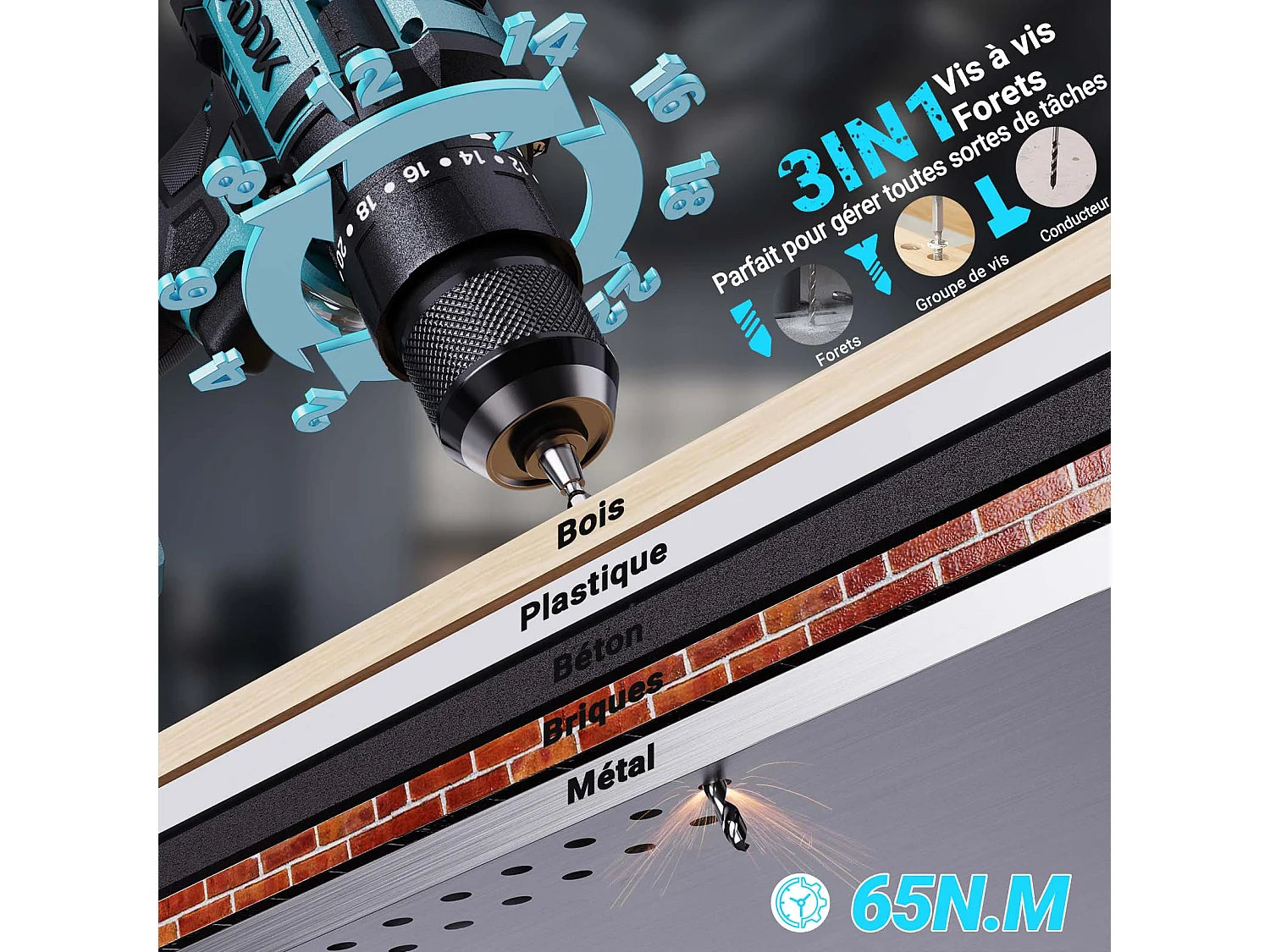 Taladro a batería de litio de 21 V, 24 + 3 funciones de percusión, 3 velocidades, juego de 22 piezas, color azul