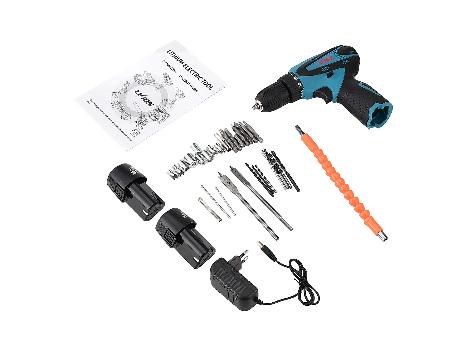 Mini perceuse 12 V, moteur sans balais, 2 batteries 1500 mAh, chargeur UE, ensemble de 30 pièces - Bleu