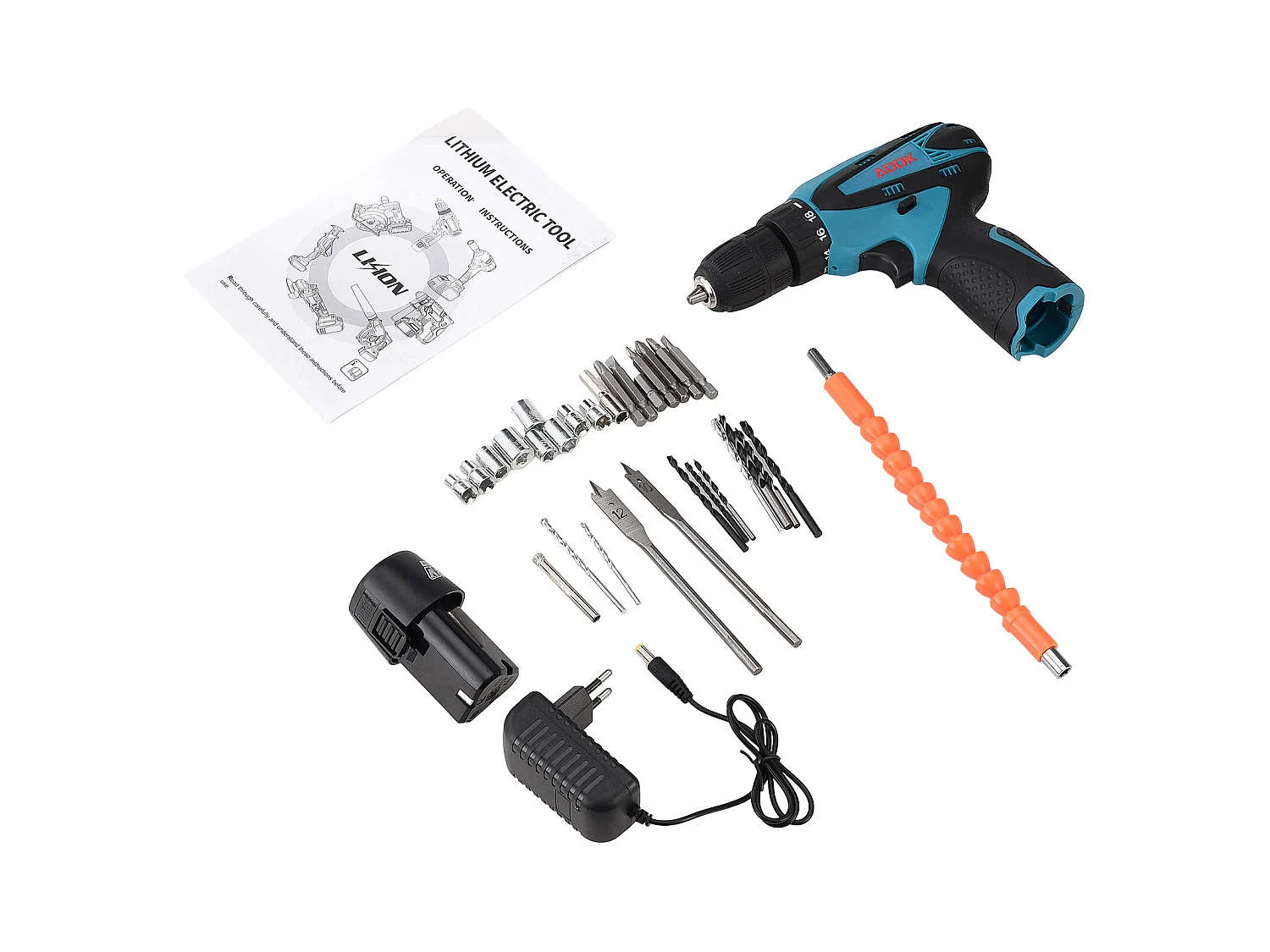 Mini furadeira 12V com motor escovado, bateria de 1500mAh, carregador UE, conjunto de 30 peças - Azul