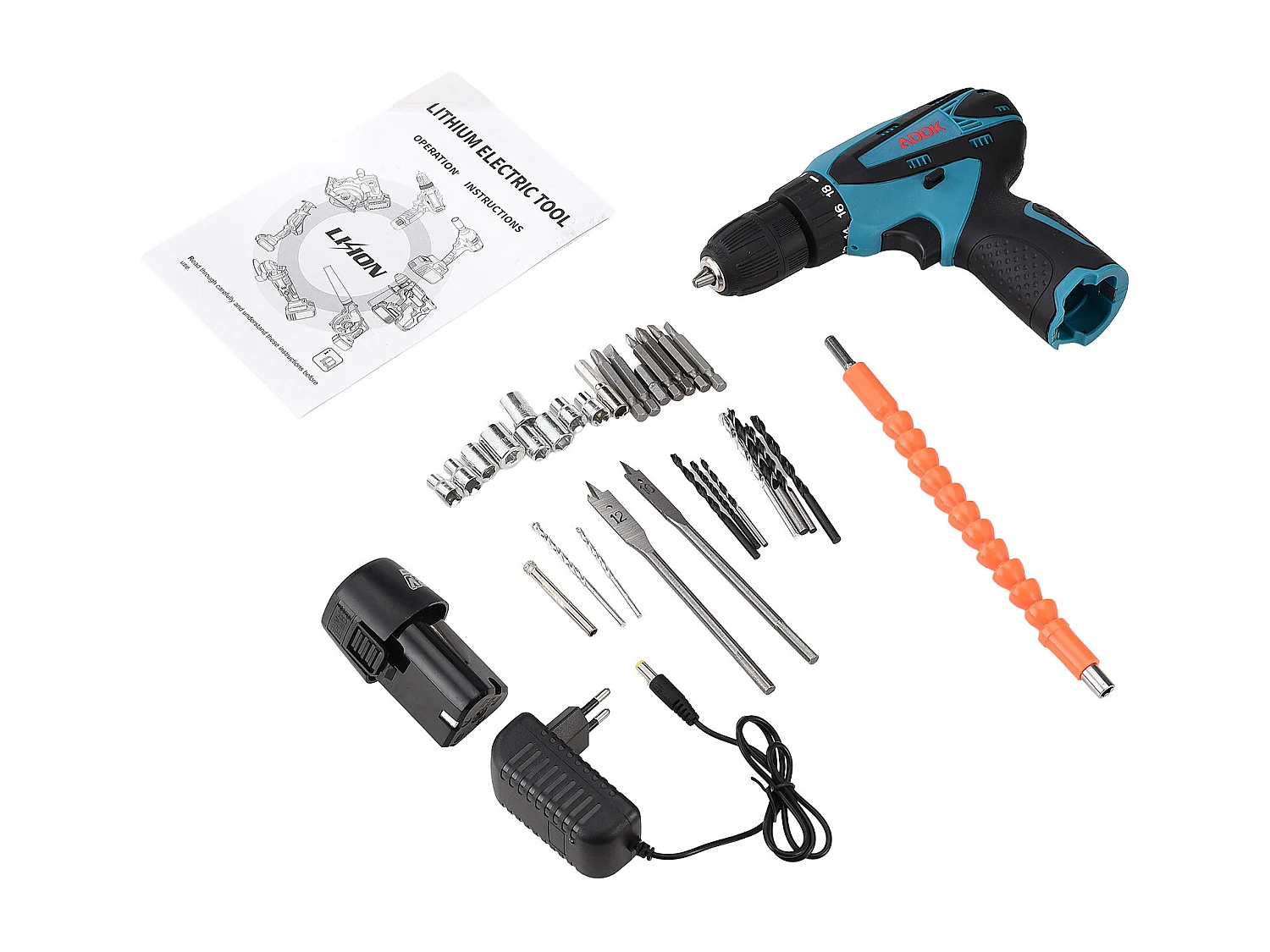 Mini perceuse 12 V Avec moteur à balais, batterie 1500 mAh, chargeur européen, ensemble de 30 pièces - Bleu