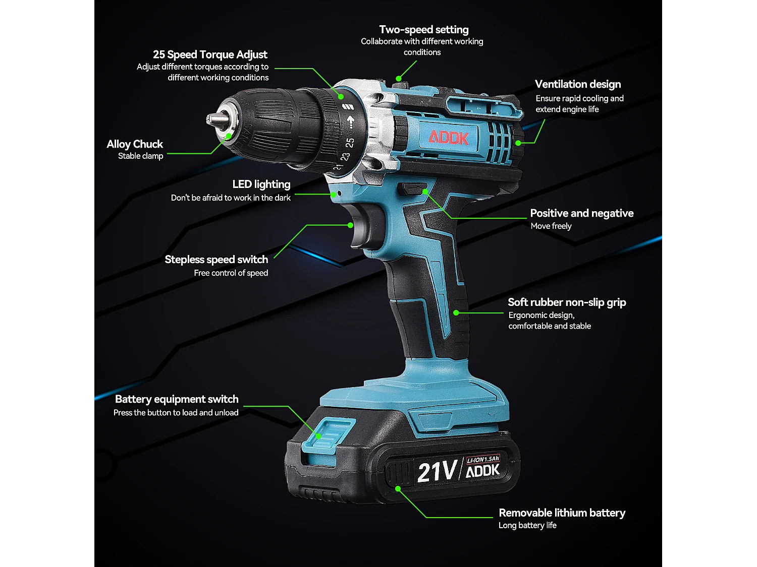 Tournevis sans fil 21 V avec éclairage LED, perceuse à batterie 2 x 1 500 Ah, ensemble de 21 pièces, bleu