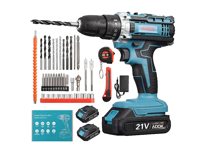 Tournevis sans fil 21 V avec éclairage LED, perceuse à batterie 2 x 1 500 Ah, ensemble de 21 pièces, bleu