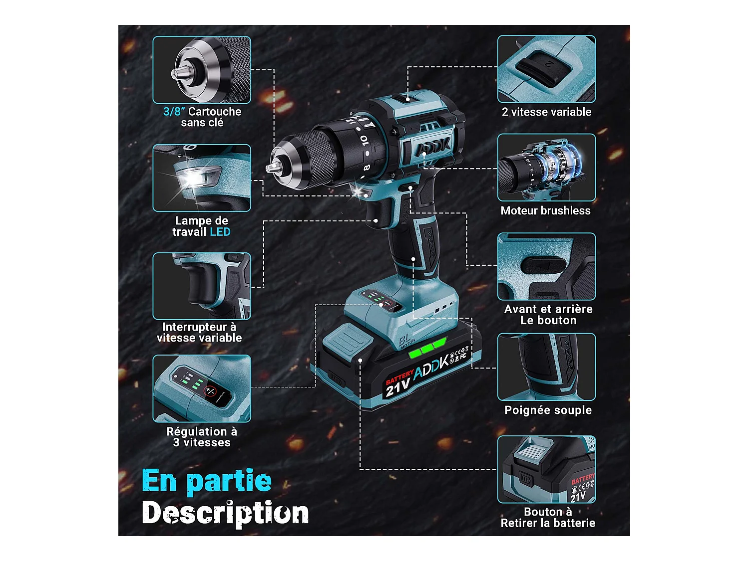 Taladro a batería de litio de 21 V, 24 + 3 funciones de percusión, 3 velocidades, juego de 22 piezas, color azul