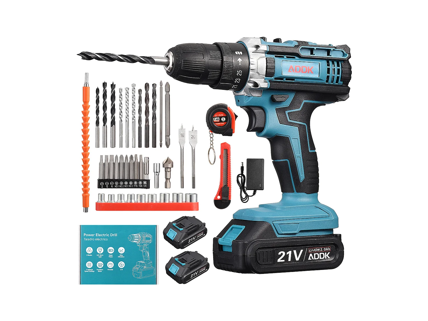 Taladro eléctrico de 21 V, motor de escobillas, 2 baterías de 2000 mAh, cargador de la UE, kit de 37 piezas - Azul