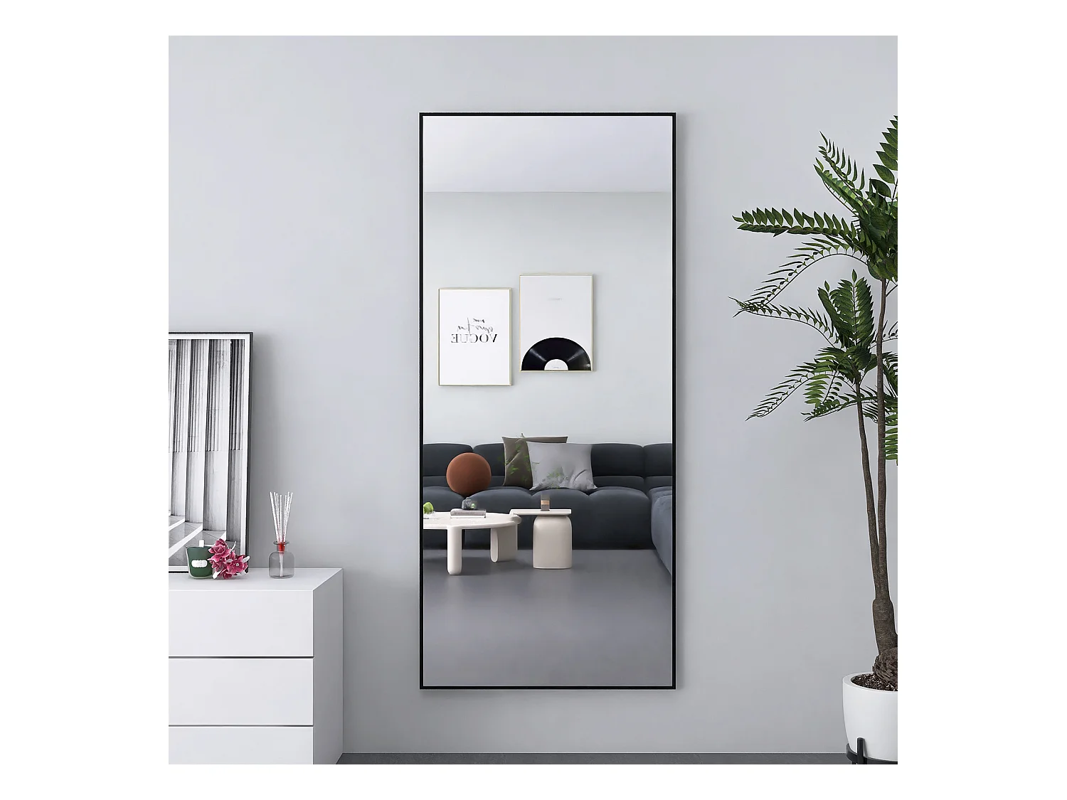 Miroir sur pied 180 x 80 cm, grand miroir mural, miroir de sol, cadre en aluminium, noir