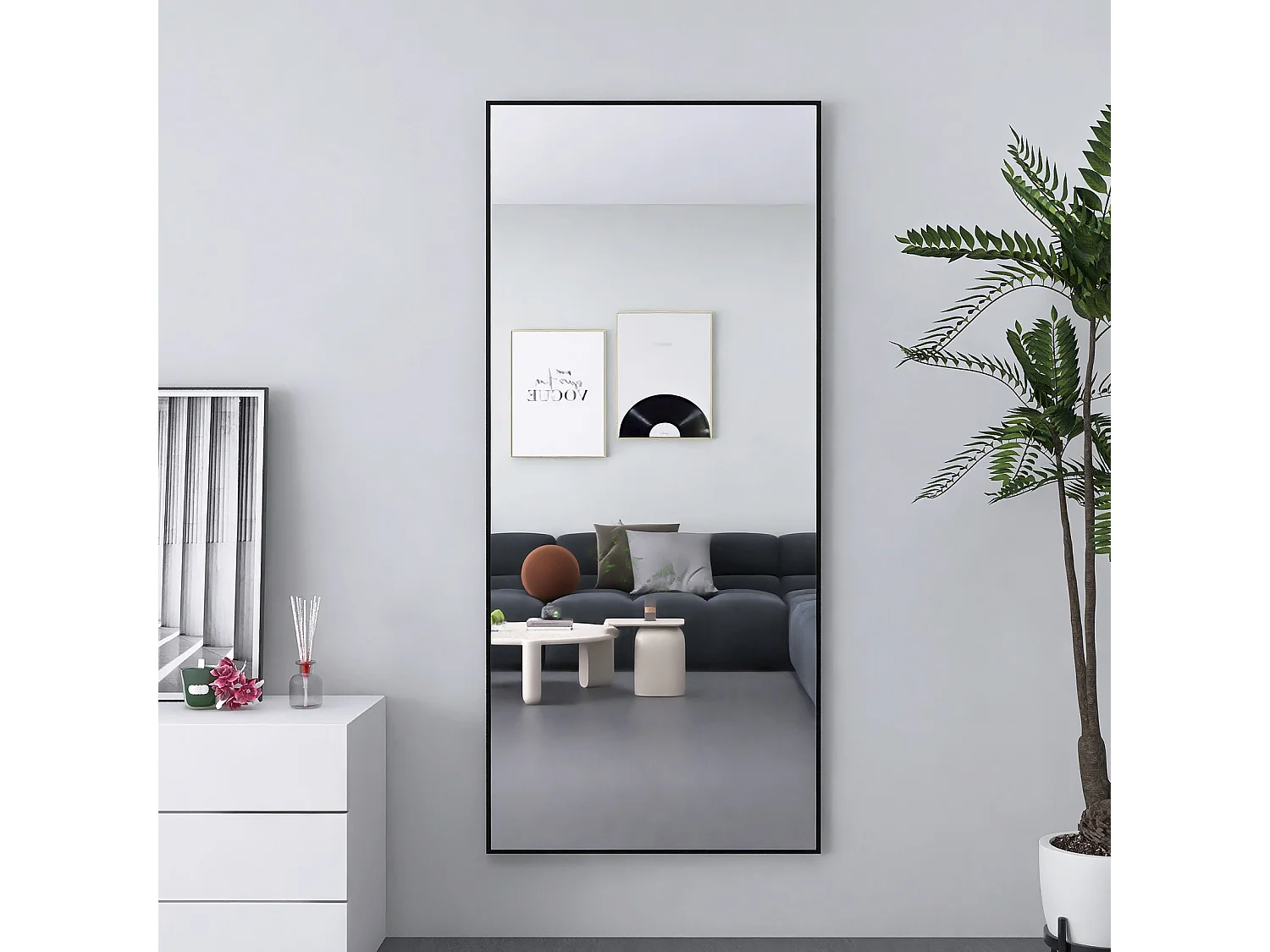 Espelho de pé 180 x 80 cm, espelho de parede grande, espelho de chão, moldura de alumínio, preto