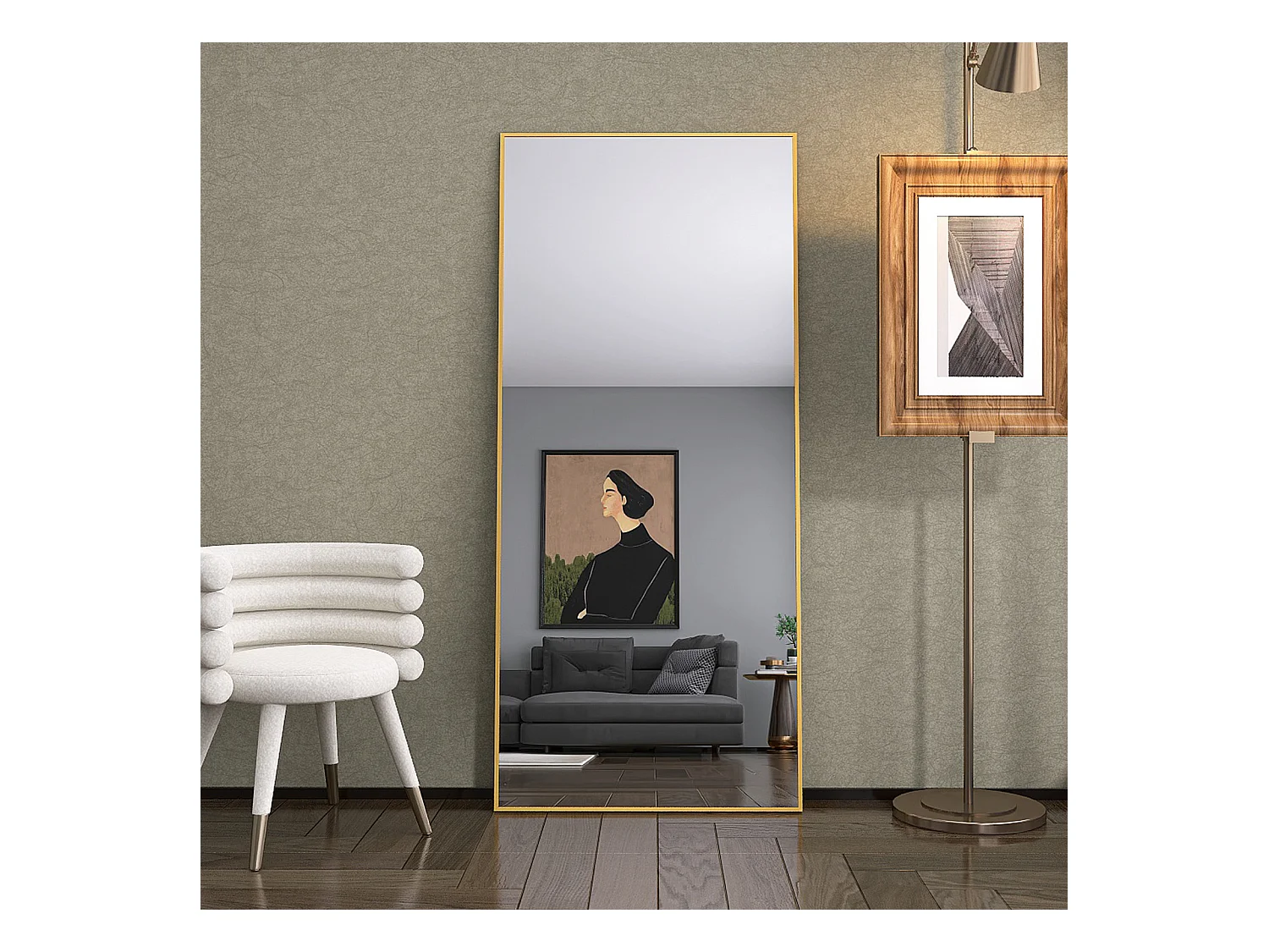 Espelho de pé 180 x 80 cm, espelho de parede grande, espelho de chão, moldura de alumínio, dourado