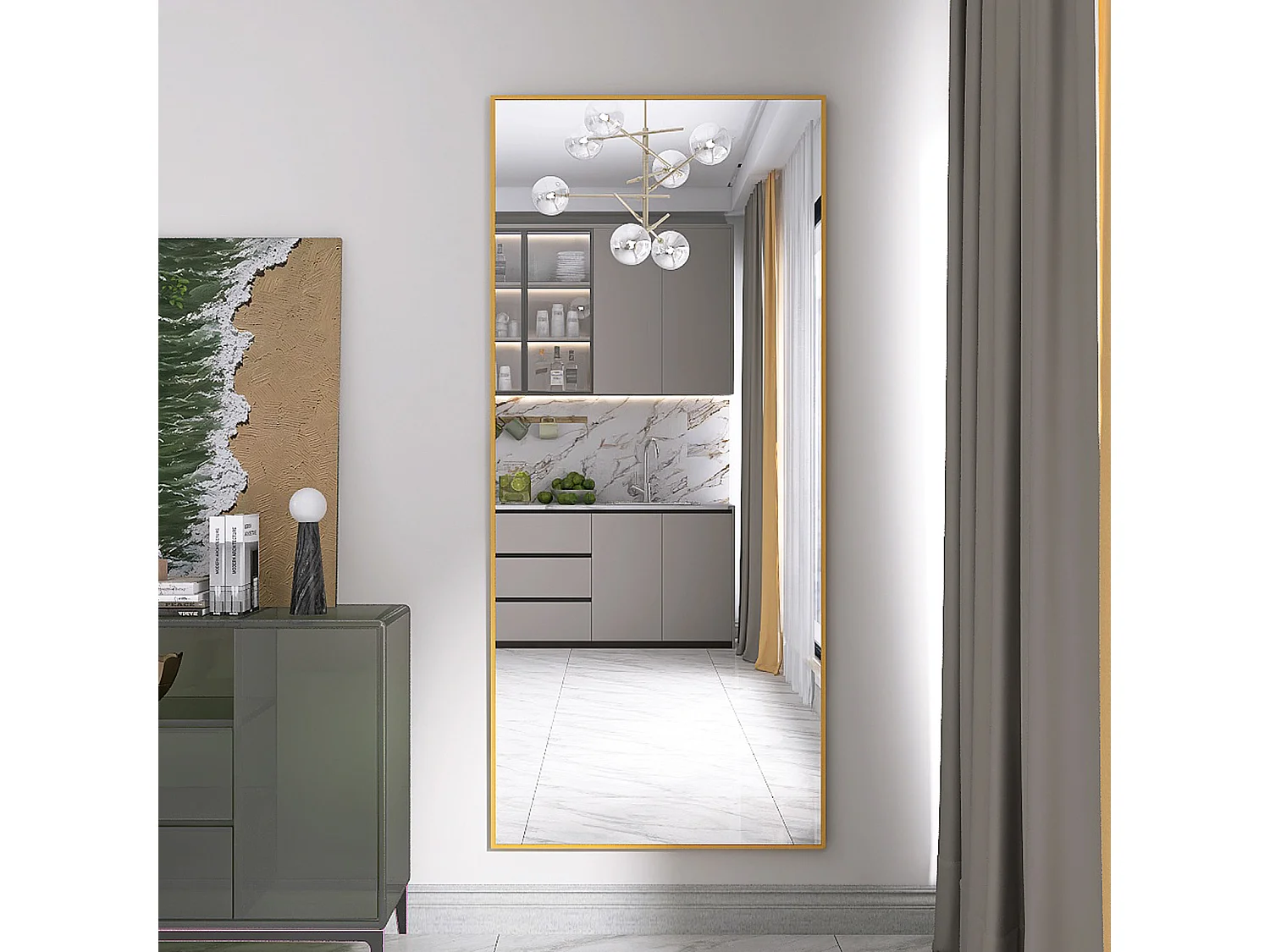 Specchio A Figura Intera 180x71 Cm - Design Onde, Telaio In Ferro Nero. Specchio Da Terra O Da Parete, Antisfondamento, Per Soggiorno E Camera Da Letto.