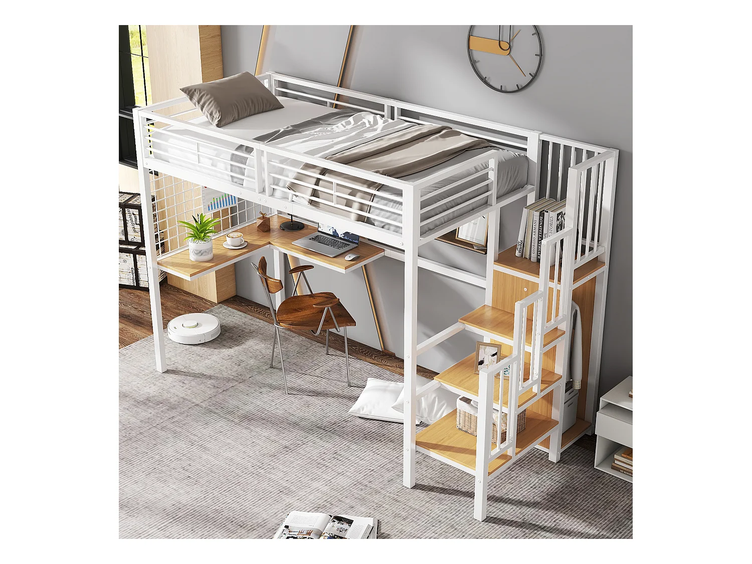 Mezzaninebed 90 x 200 cm - met tafel - met open kast - veiligheidsladder met 4 treden - ijzer + dekplanken - wit (zonder matras)