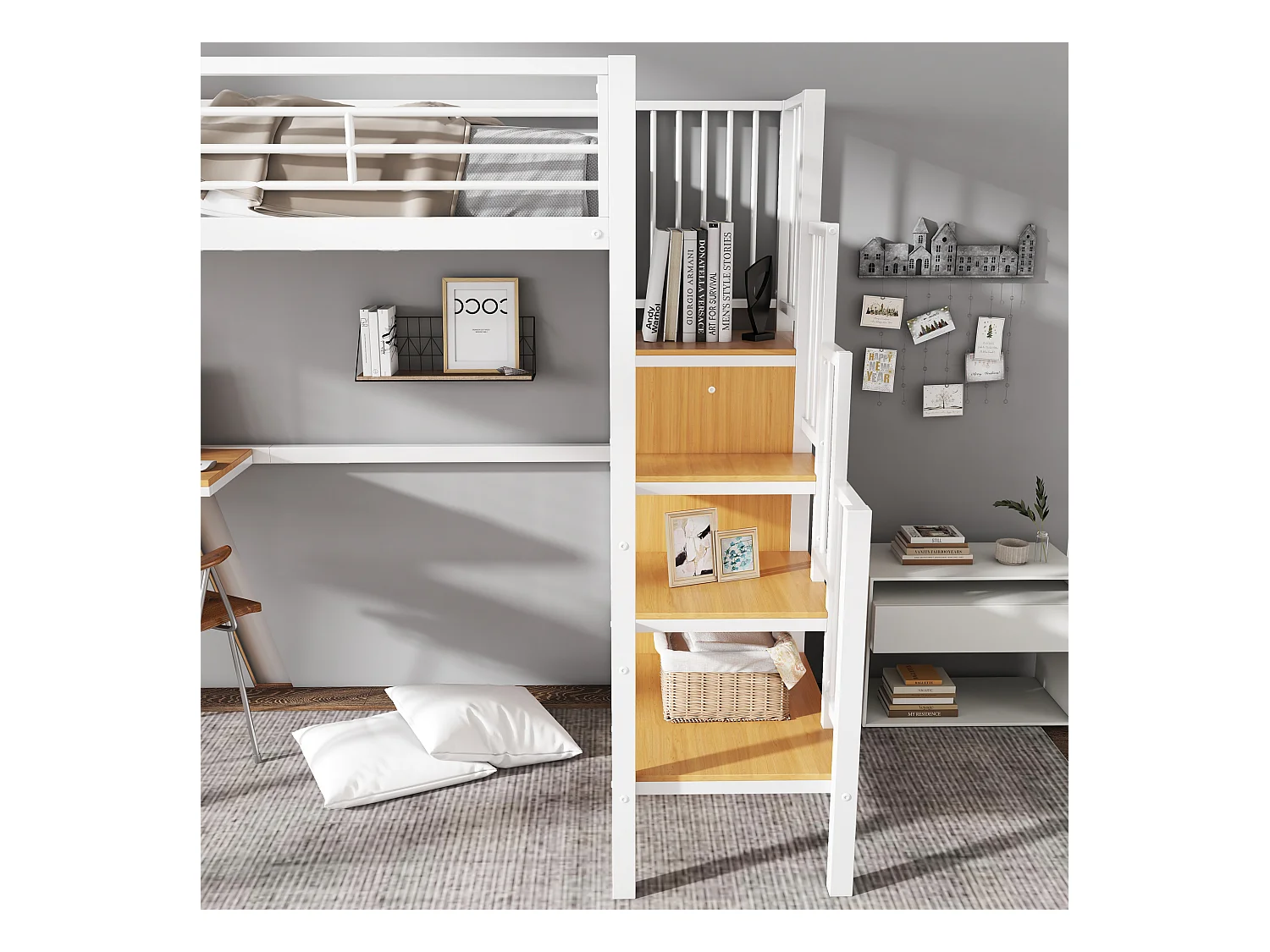 Mezzaninebed 90 x 200 cm - met tafel - met open kast - veiligheidsladder met 4 treden - ijzer + dekplanken - wit (zonder matras)