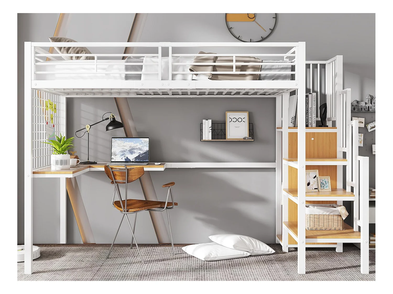 Lit mezzanine 90 x 200 cm - avec table - avec armoire ouverte - échelle de sécurité 4 marches - fer + panneaux de particules - blanc (sans matelas)
