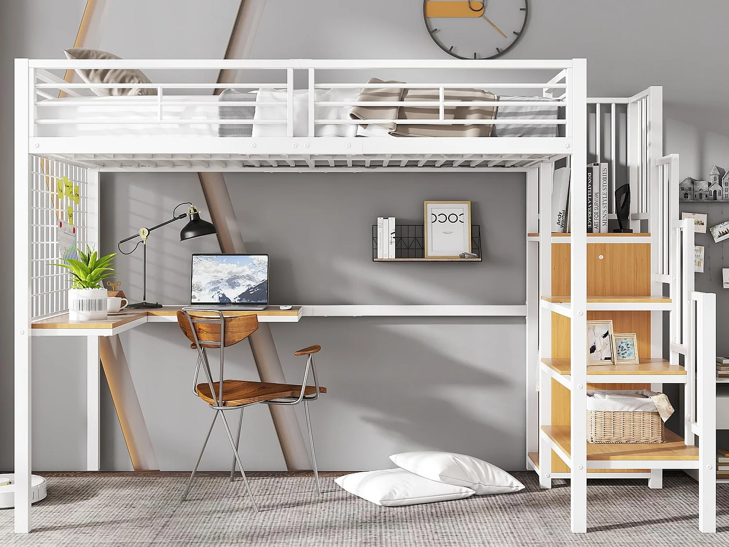 Mezzanine-Bett 90 x 200 cm - mit Tisch - mit offenen Schrank - Sicherheitstreppe mit 4 Stufen - Eisen + Spanplatten - weiß (ohne Matratze)