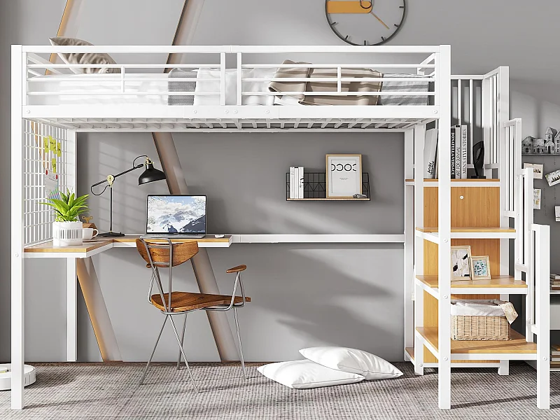 Mezzaninebed 90 x 200 cm - met tafel - met open kast - veiligheidsladder met 4 treden - ijzer + dekplanken - wit (zonder matras)