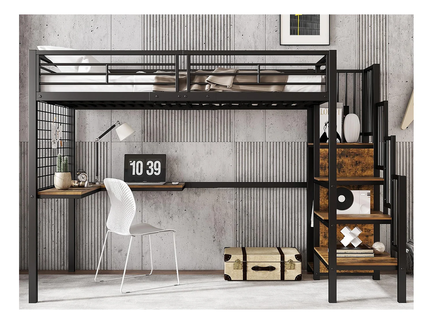 Mezzaninebed 90 x 200 cm - met tafel - met open kast - veiligheidsladder met 4 treden - ijzer + dekplanken - zwart (zonder matras)