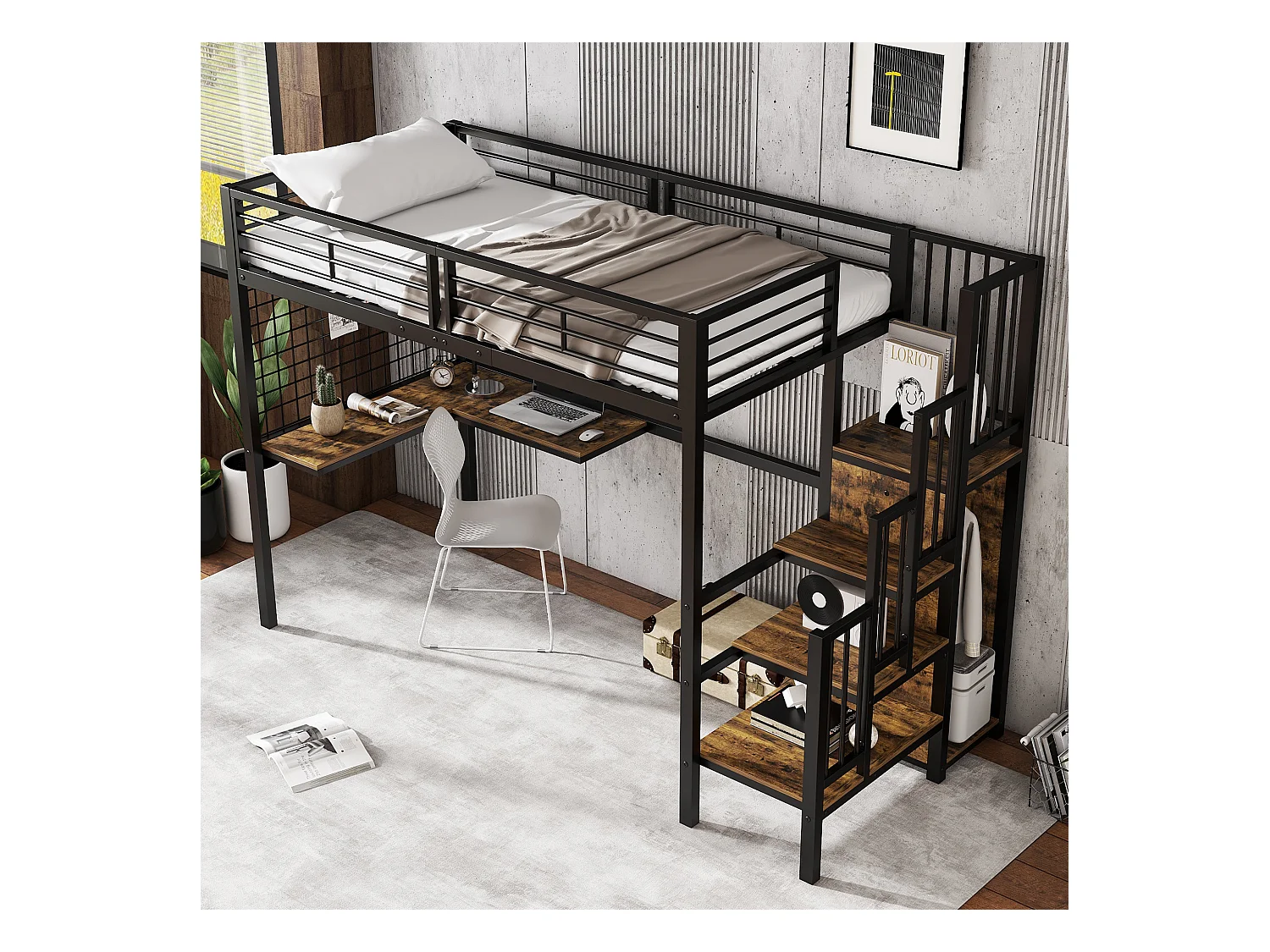 Mezzaninebed 90 x 200 cm - met tafel - met open kast - veiligheidsladder met 4 treden - ijzer + dekplanken - zwart (zonder matras)