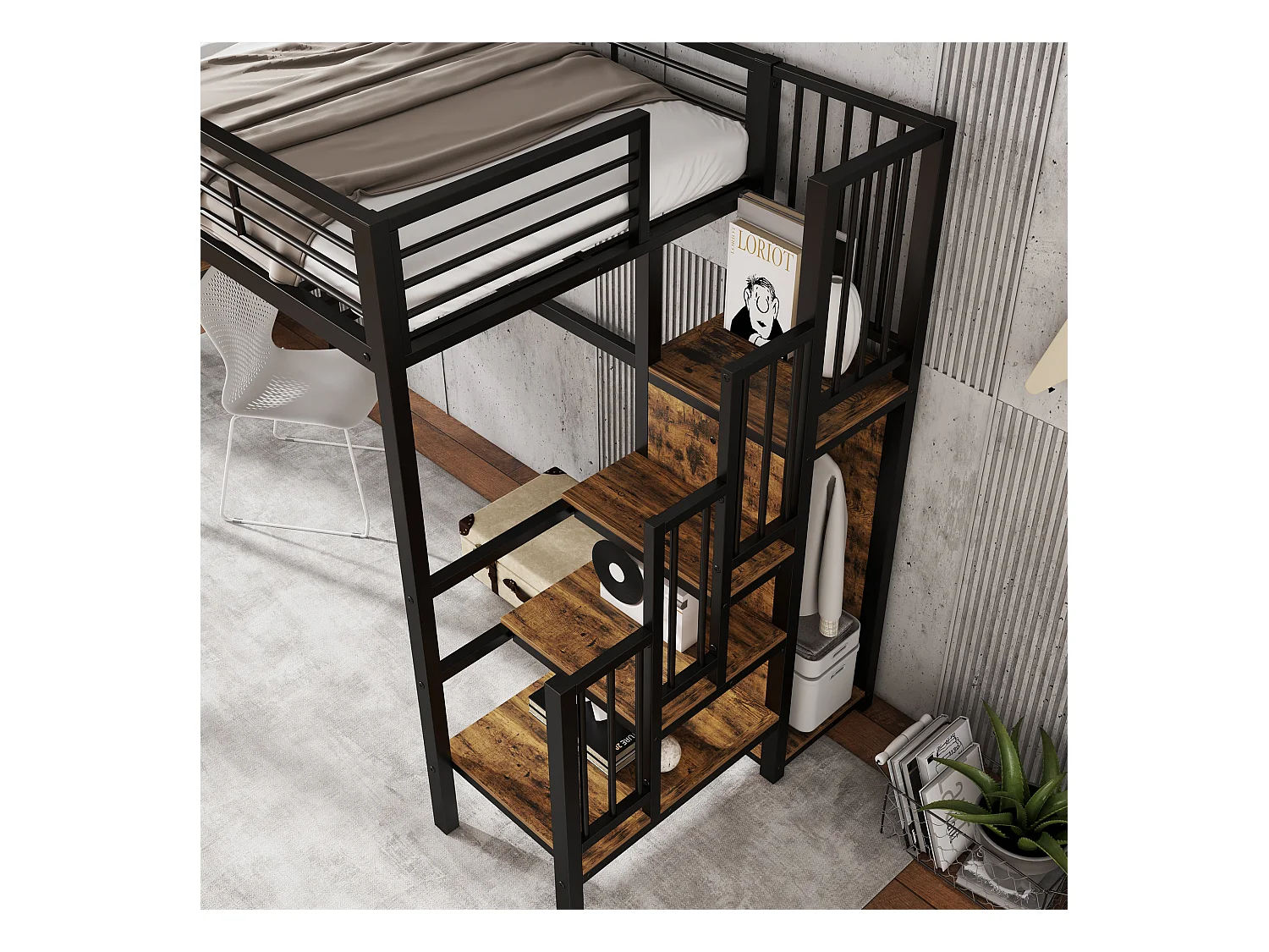 Mezzaninebed 90 x 200 cm - met tafel - met open kast - veiligheidsladder met 4 treden - ijzer + dekplanken - zwart (zonder matras)