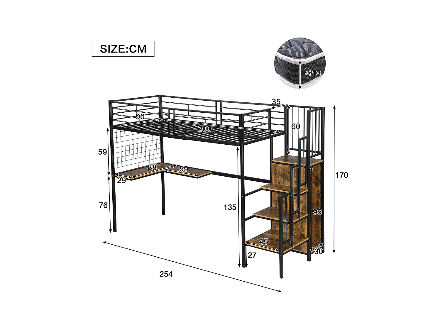 Mezzaninebed 90 x 200 cm - met tafel - met open kast - veiligheidsladder met 4 treden - ijzer + dekplanken - zwart (zonder matras)