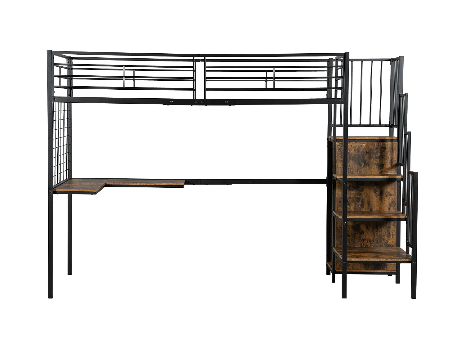 Mezzaninebed 90 x 200 cm - met tafel - met open kast - veiligheidsladder met 4 treden - ijzer + dekplanken - zwart (zonder matras)