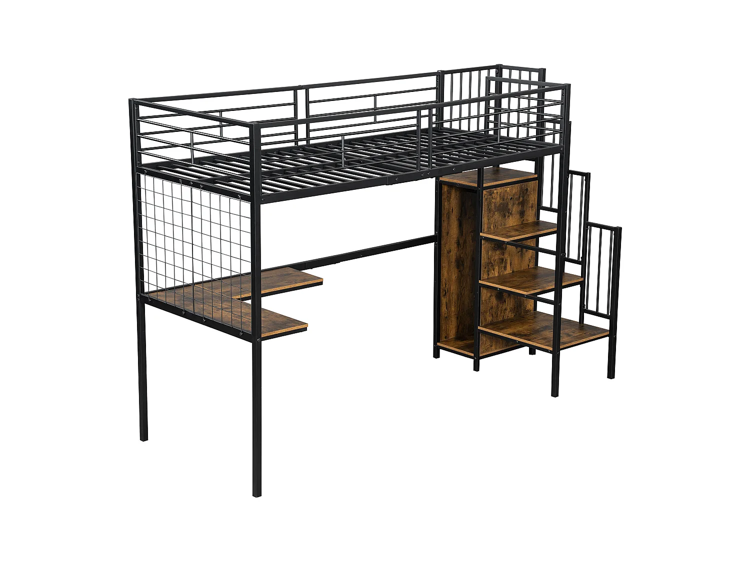 Mezzaninebed 90 x 200 cm - met tafel - met open kast - veiligheidsladder met 4 treden - ijzer + dekplanken - zwart (zonder matras)