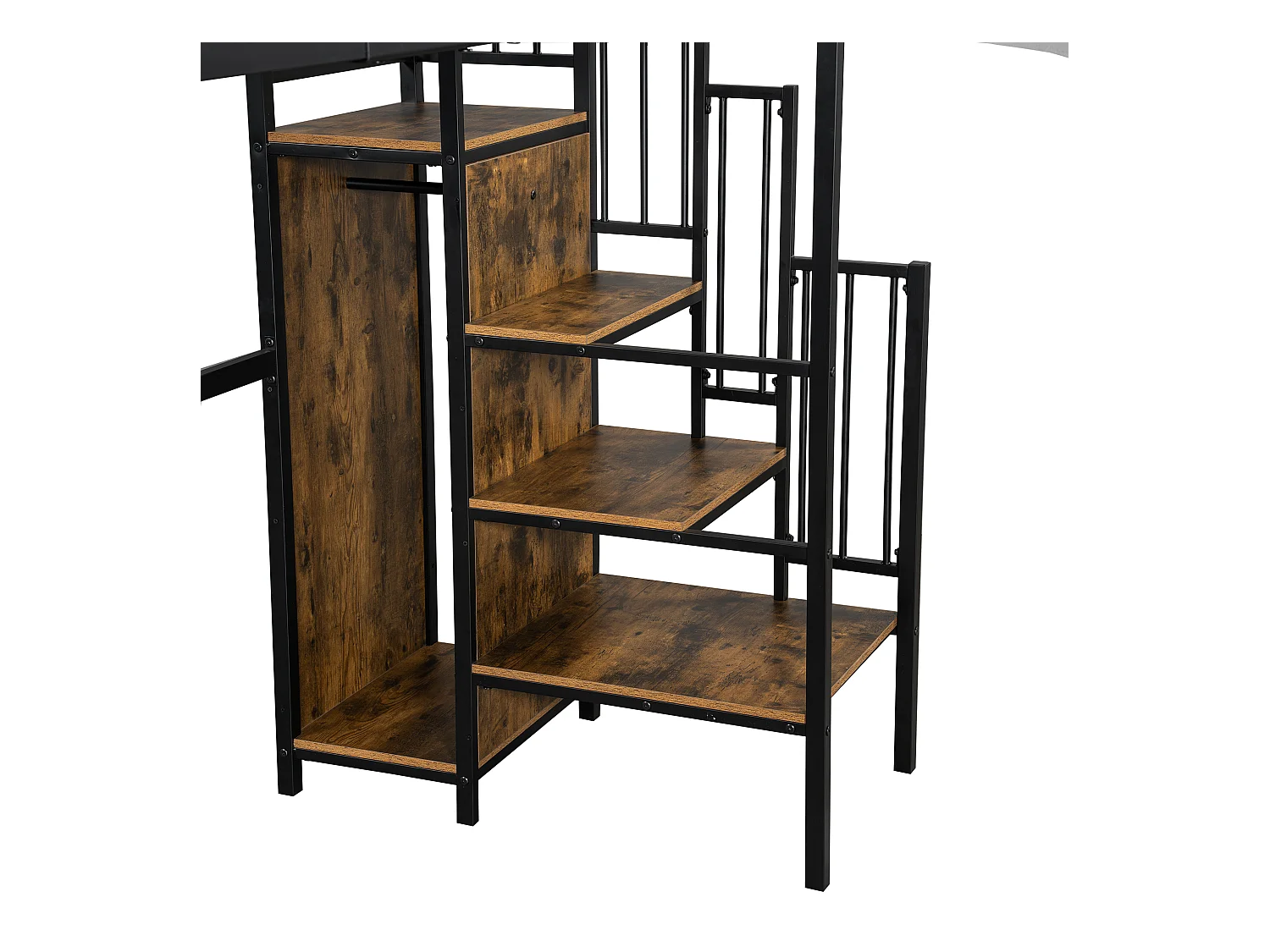 Mezzaninebed 90 x 200 cm - met tafel - met open kast - veiligheidsladder met 4 treden - ijzer + dekplanken - zwart (zonder matras)