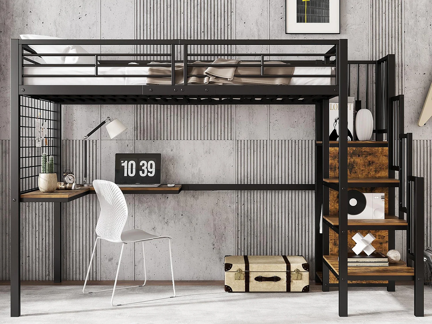 Lit mezzanine 90 x 200 cm - avec table - avec armoire ouverte - échelle de sécurité 4 marches - fer + panneaux de particules - noir (sans matelas)