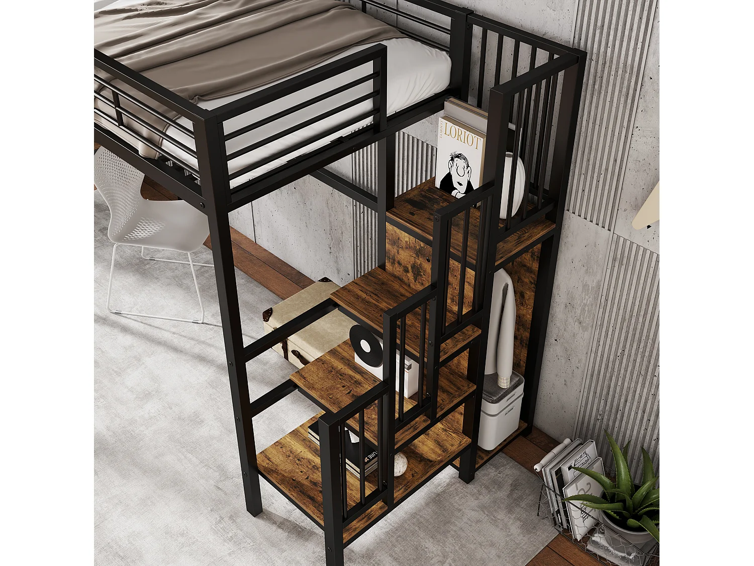 Lit mezzanine 90 x 200 cm - avec table - avec armoire ouverte - échelle de sécurité 4 marches - fer + panneaux de particules - noir (sans matelas)