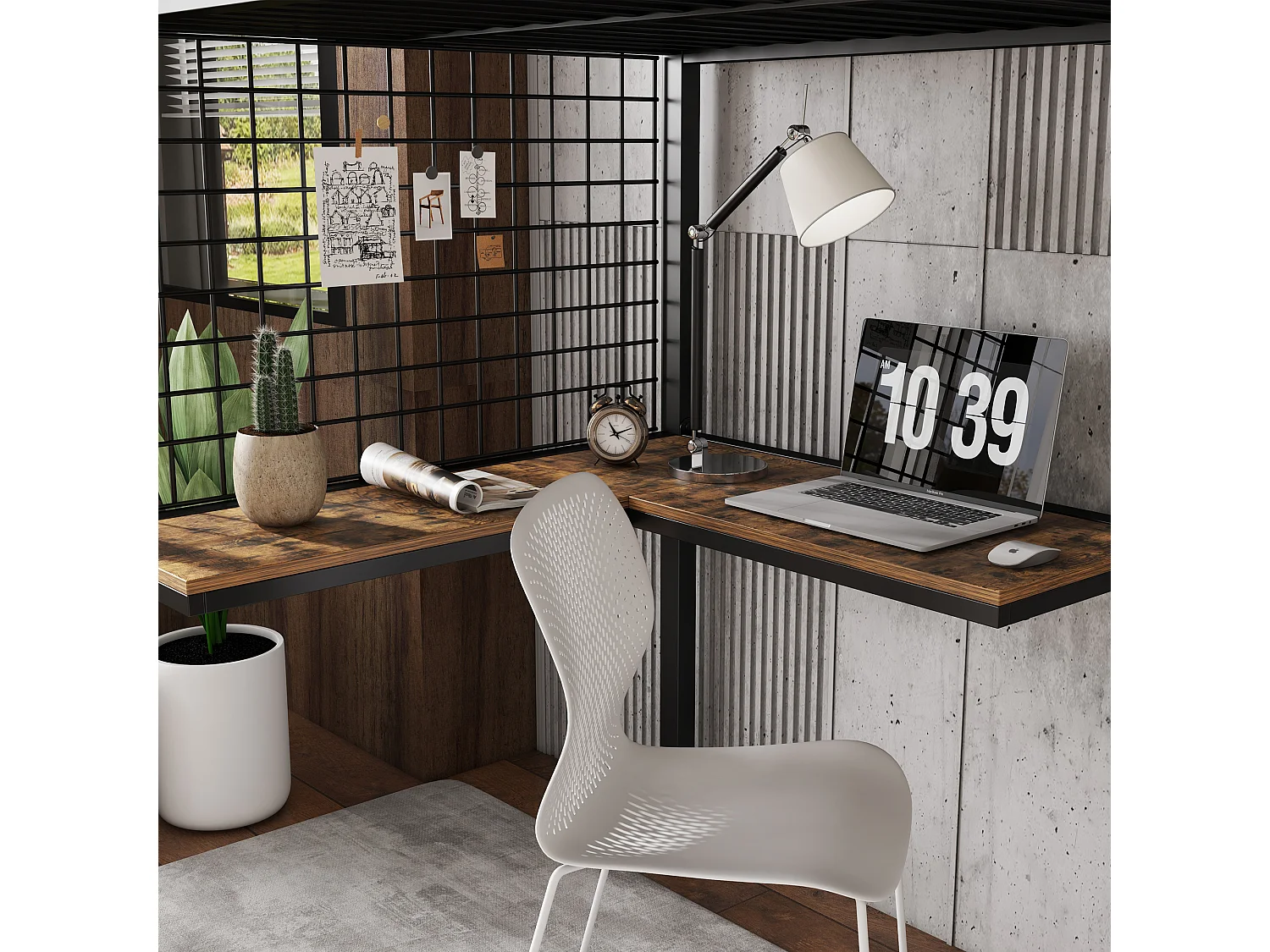 Lit mezzanine 90 x 200 cm - avec table - avec armoire ouverte - échelle de sécurité 4 marches - fer + panneaux de particules - noir (sans matelas)