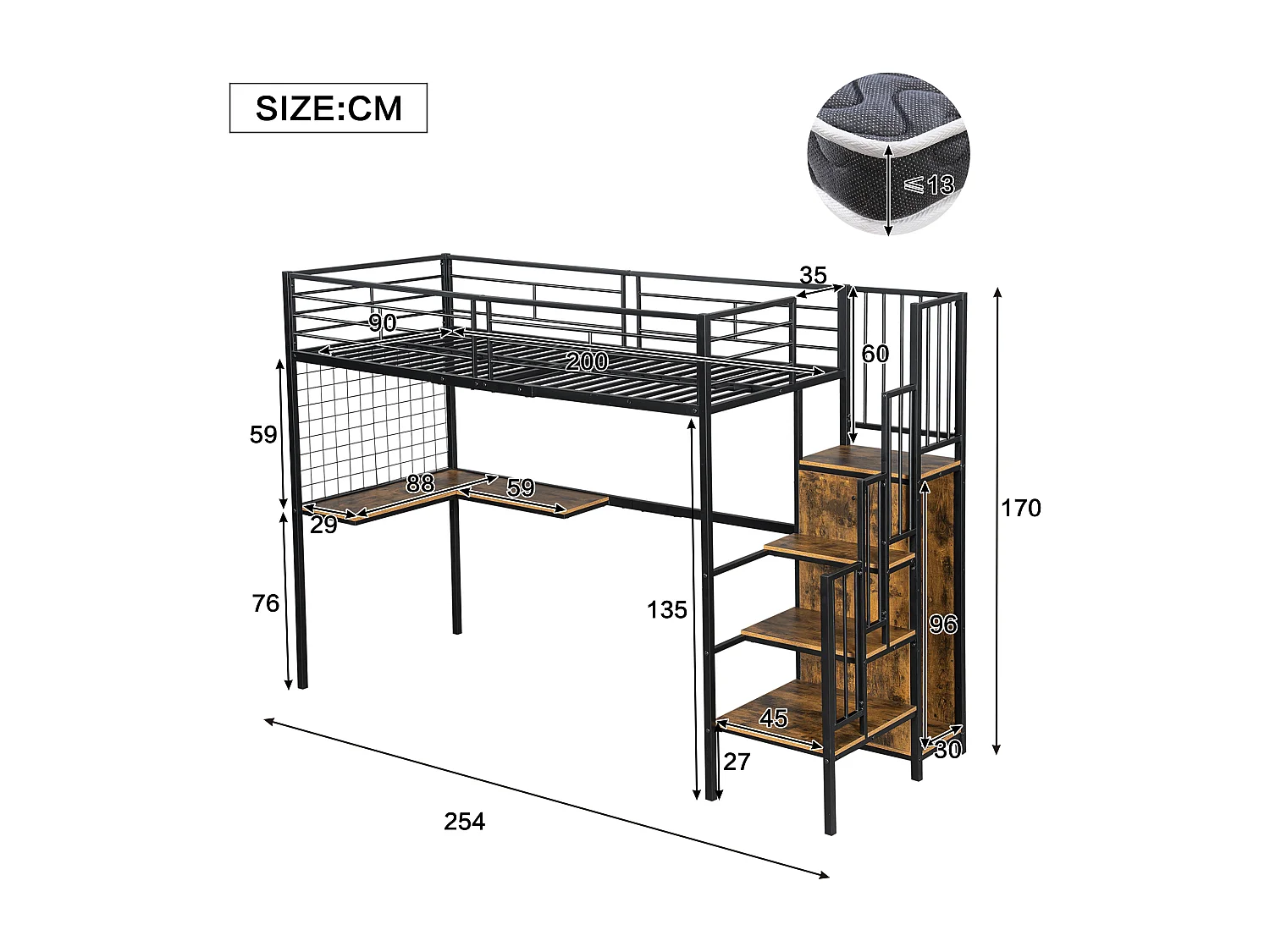 Lit mezzanine 90 x 200 cm - avec table - avec armoire ouverte - échelle de sécurité 4 marches - fer + panneaux de particules - noir (sans matelas)