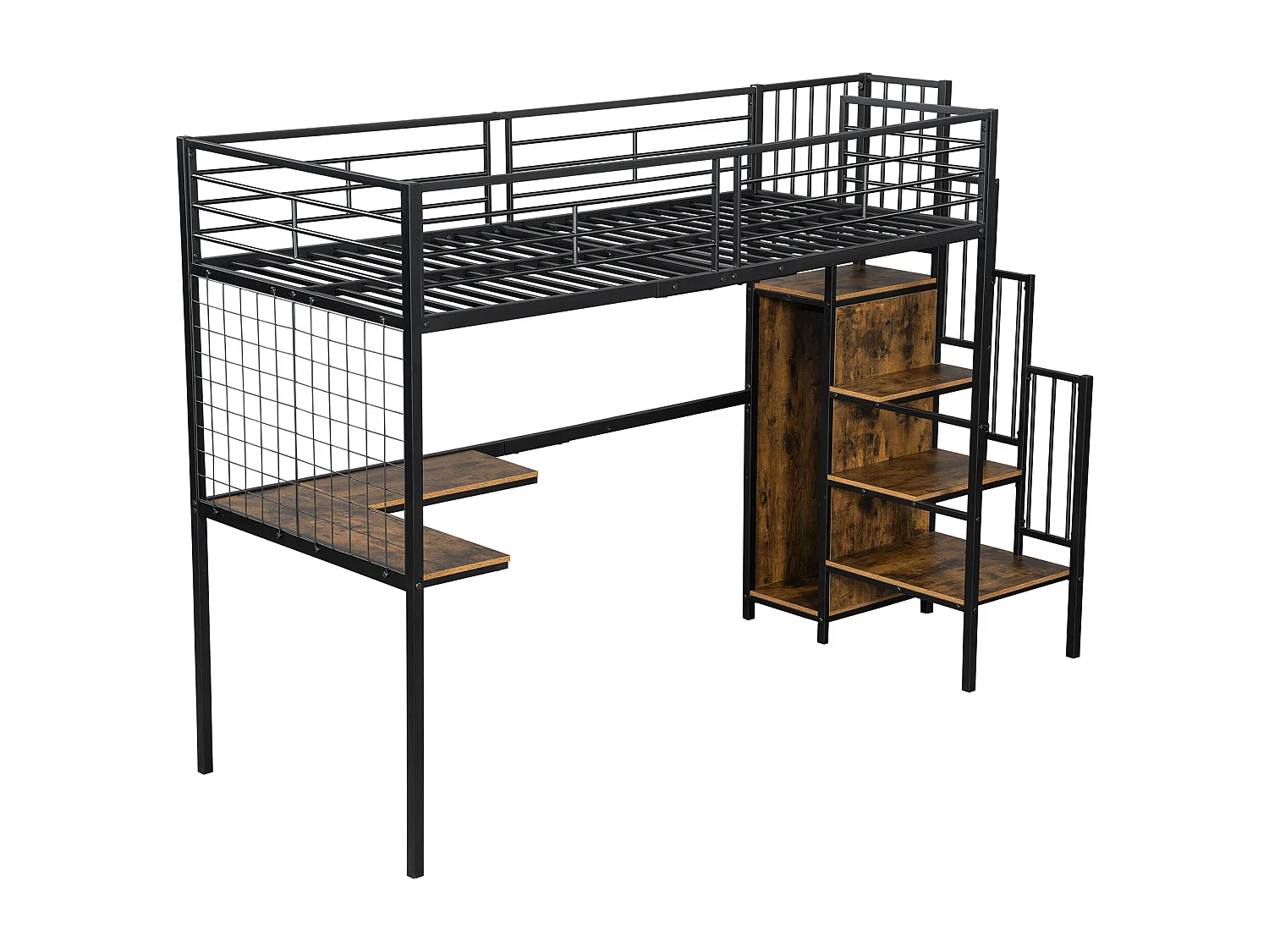 Lit mezzanine 90 x 200 cm - avec table - avec armoire ouverte - échelle de sécurité 4 marches - fer + panneaux de particules - noir (sans matelas)