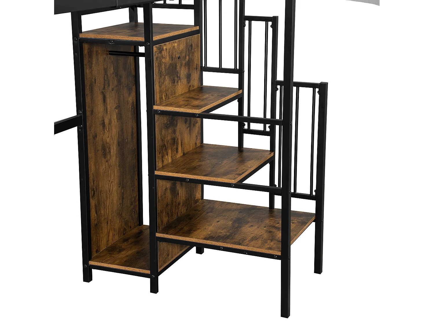 Lit mezzanine 90 x 200 cm - avec table - avec armoire ouverte - échelle de sécurité 4 marches - fer + panneaux de particules - noir (sans matelas)