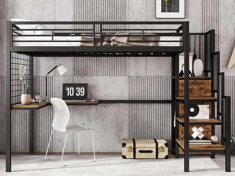 Letto mezzanino 90 x 200 cm - con tavolo - con armadio a muro - scala di sicurezza a 4 gradini - ferro + pannelli di particelle - nero (senza materasso)