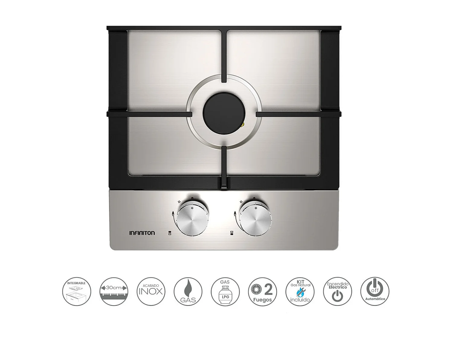 Encimera de gas Infiniton GAS-IX02 4300W 2 fuegos inox 30 cm