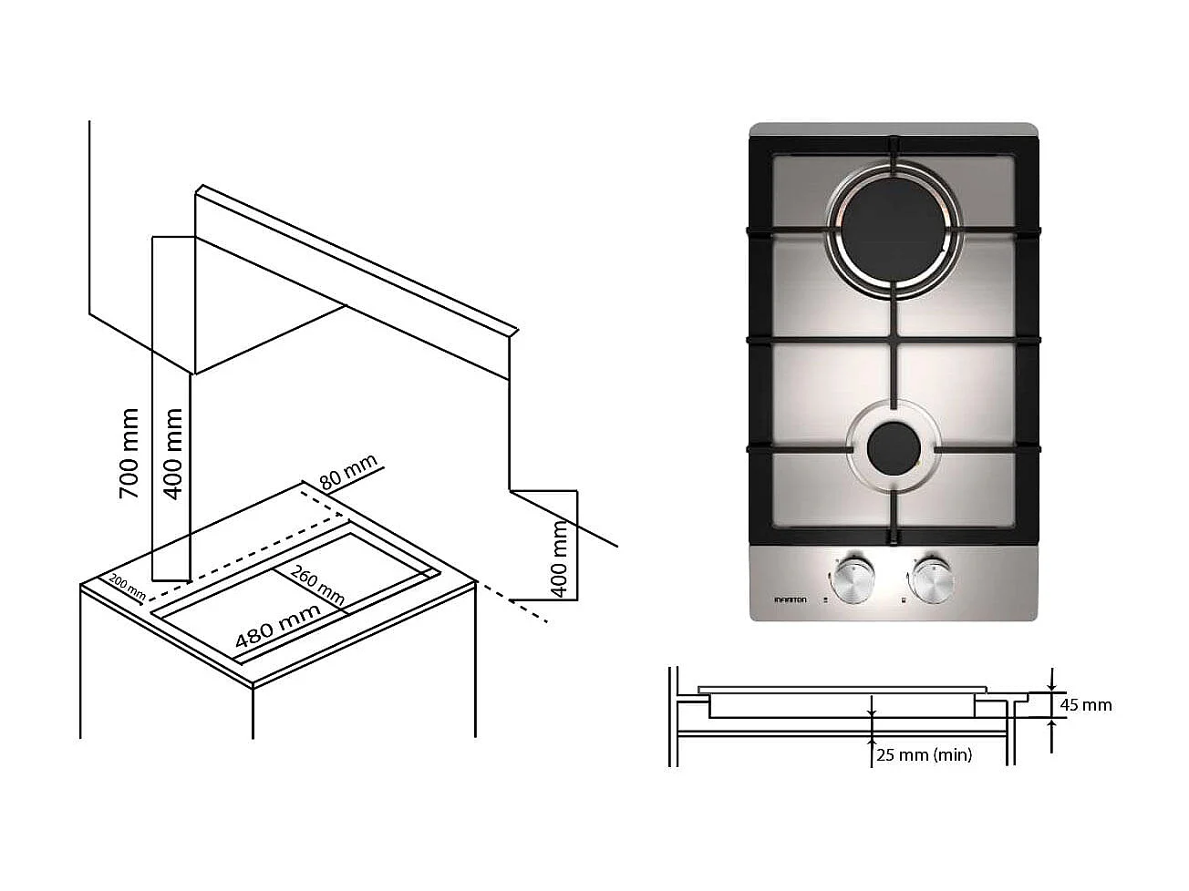 Encimera de gas Infiniton GAS-IX02 4300W 2 fuegos inox 30 cm
