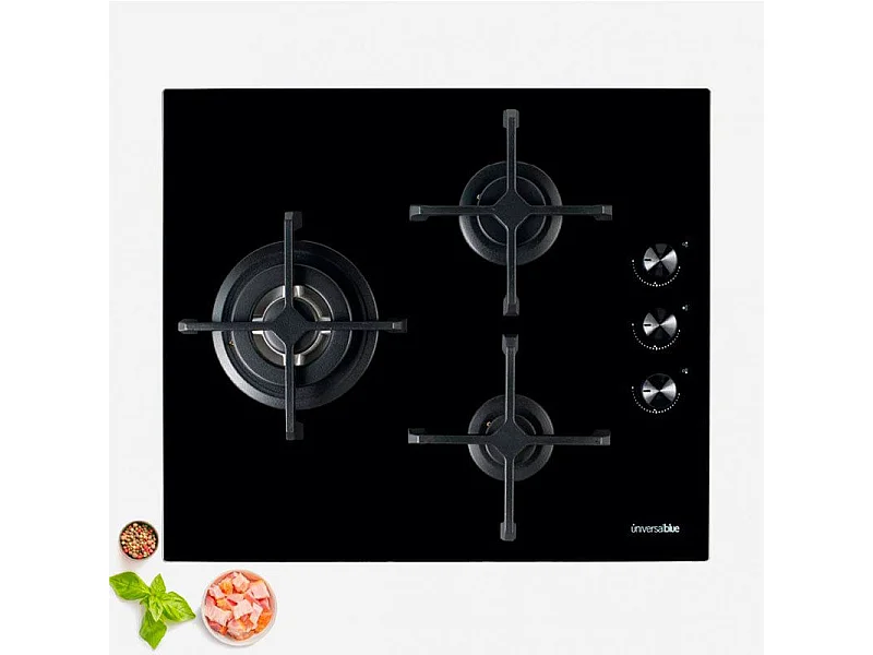 Placa de gas Maia B-Plus Universal Blue 3 fuegos encendido eléctrico negro 60 cm