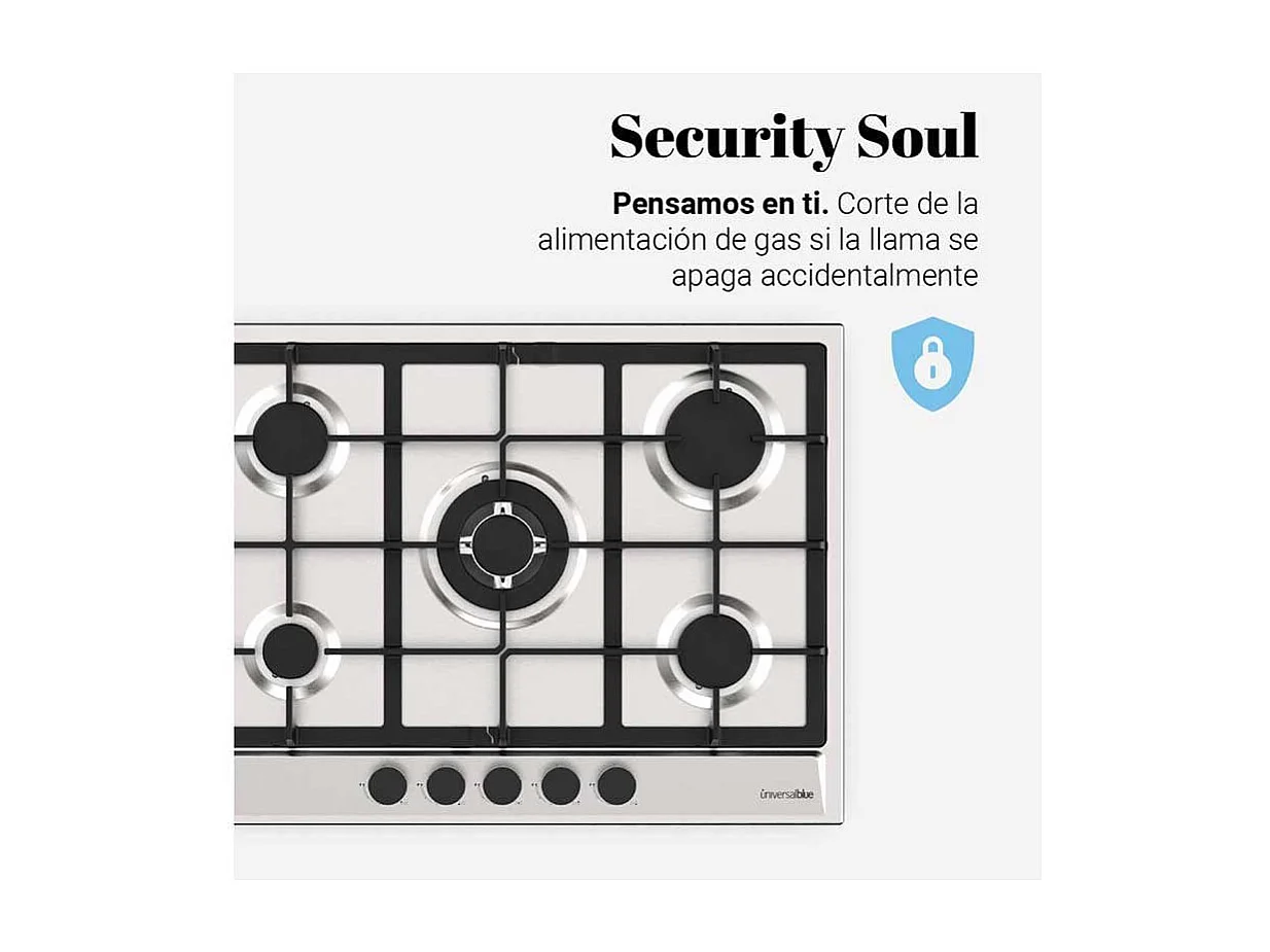 Placa de gas Polaris 4005 Universal Blue 5 fuegos encendido eléctrico inox/negro 9,4x68x50 cm