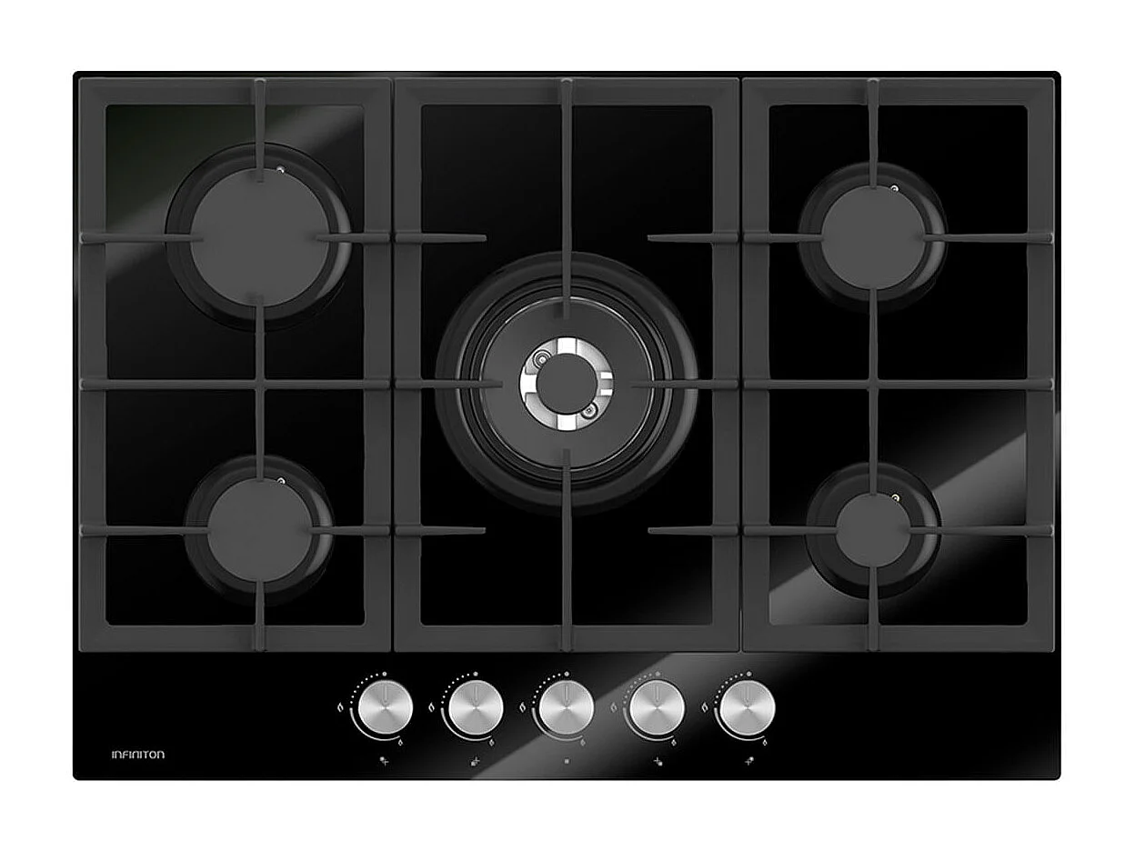 Encimera de gas Infiniton 78GLN52 5 fuegos 11700W encendido electrónico cristal negro 70 cm
