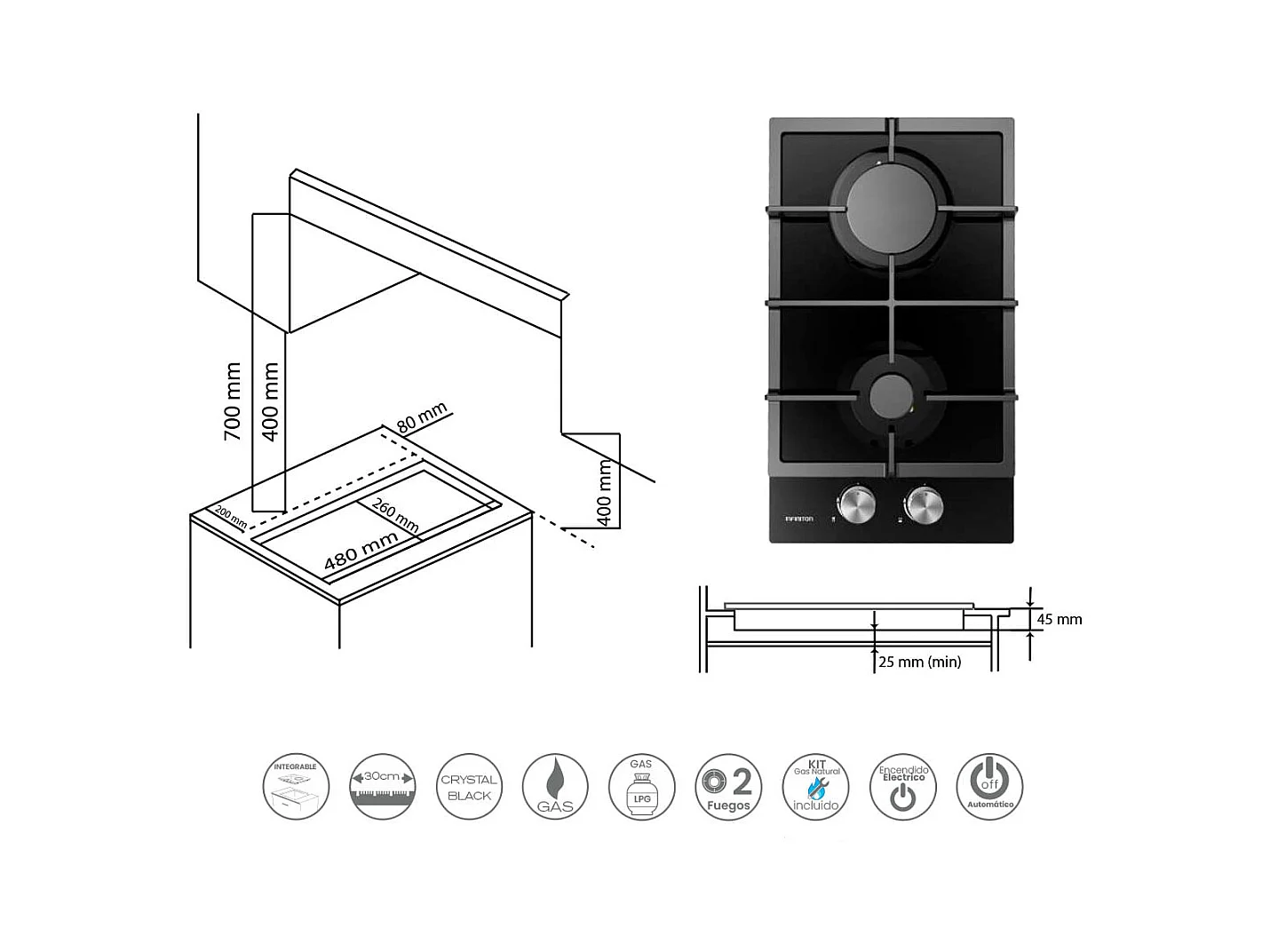 Encimera de gas Infiniton GAS-CR2B 4300W 2 fuegos negro 30 cm