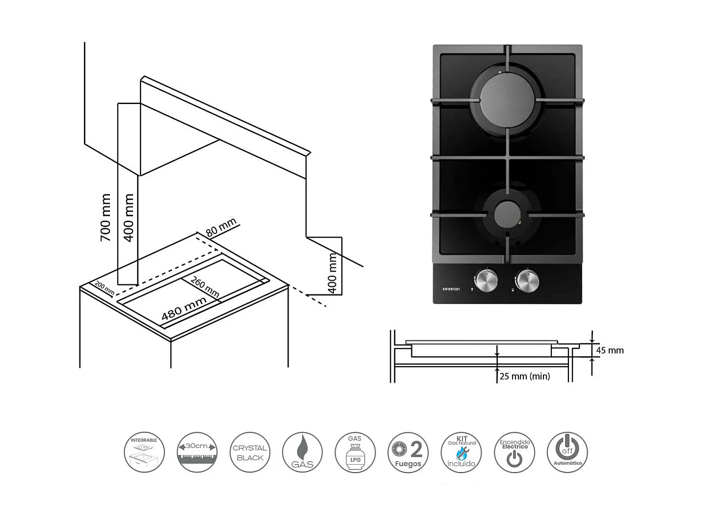 Encimera de gas Infiniton GAS-CR2B 4300W 2 fuegos negro 30 cm