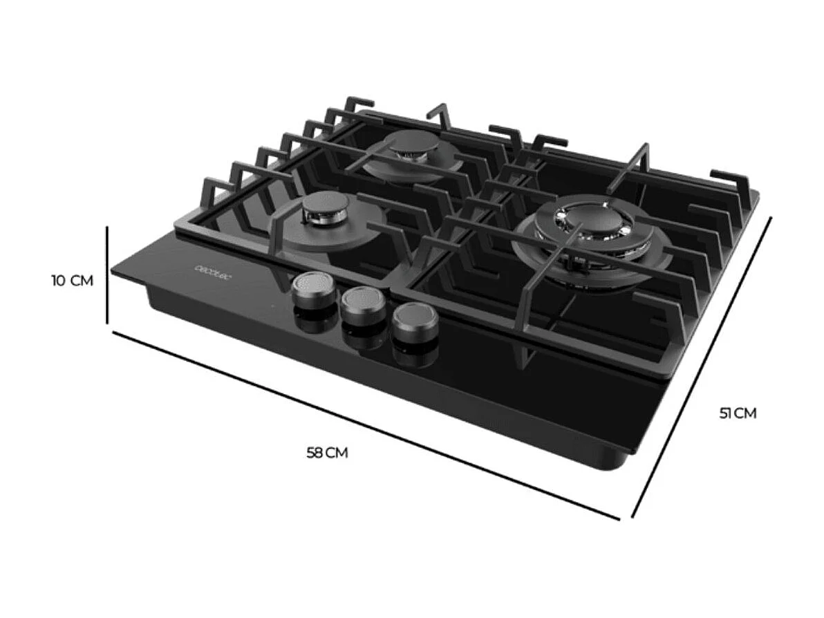 Placa de gas Cecotec Bolero Squad G3200F Glass Black 6250W 3 fuegos 58 cm negro