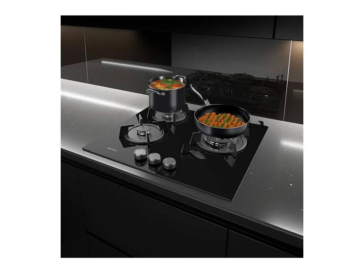 Placa de gas Bolero Squad G 3200S Glass Black 3 fuegos encendido eléctrico negro 58 cm