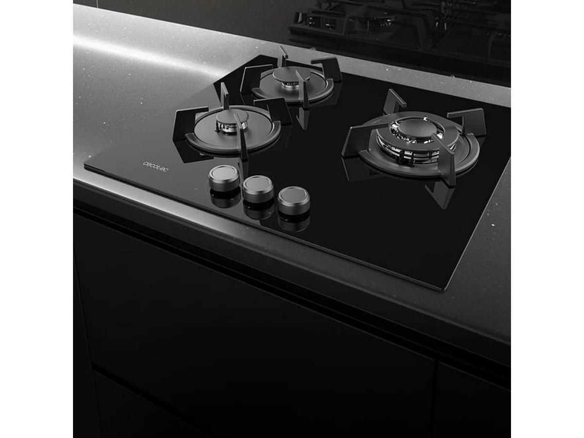 Placa de gas Bolero Squad G 3200S Glass Black 3 fuegos encendido eléctrico negro 58 cm