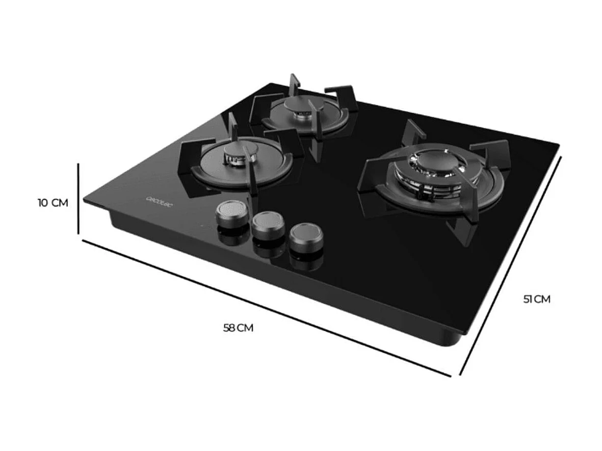 Placa de gas Bolero Squad G 3200S Glass Black 3 fuegos encendido eléctrico negro 58 cm