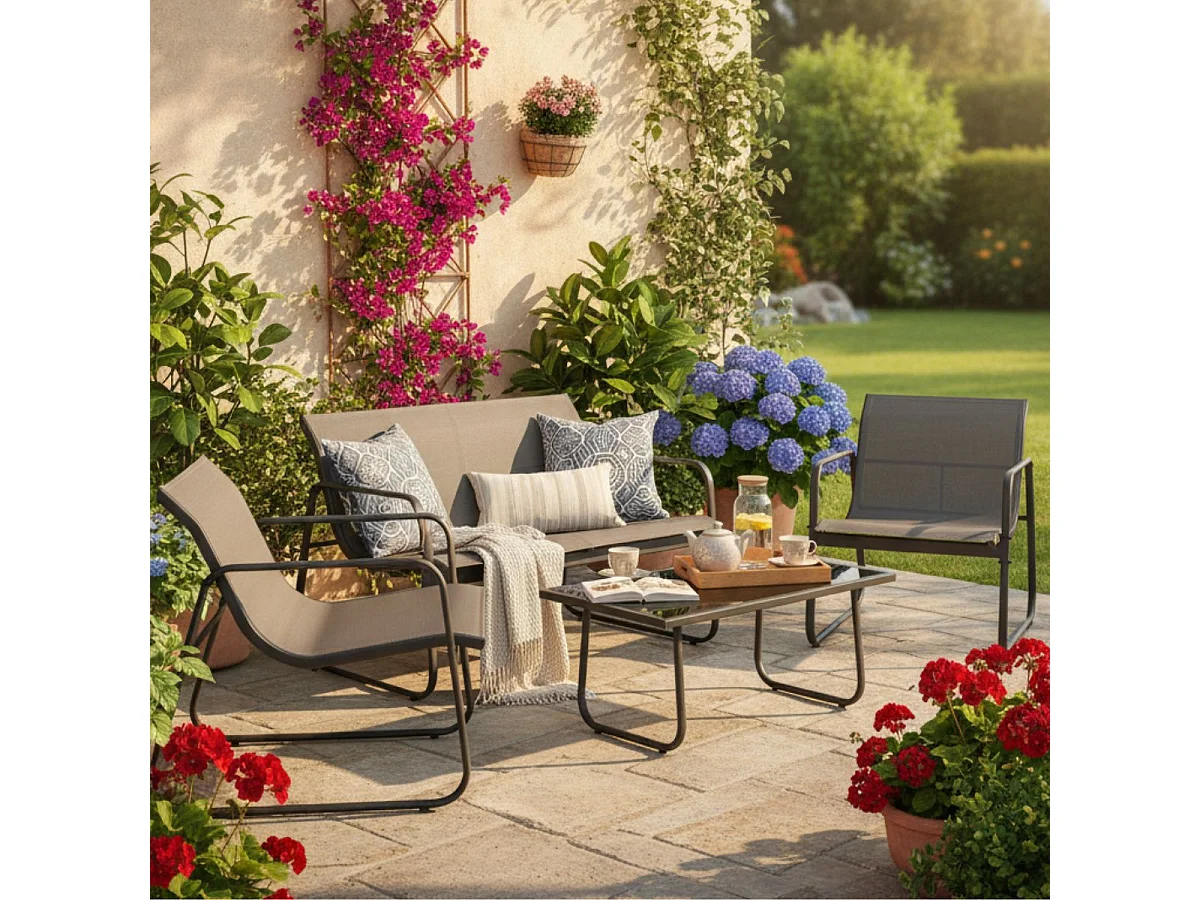 Conjunto de jardín Lazio sofá doble + 2 sillas + mesa gris/negro