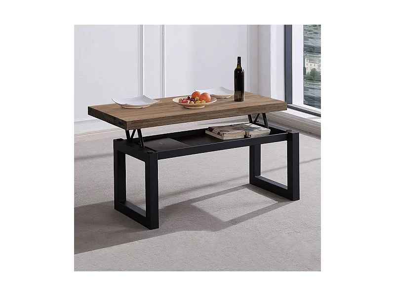 Mesa de centro elevable Loft con hueco de almacenaje roble american/negro 47,5-62x120x60 cm Adec
