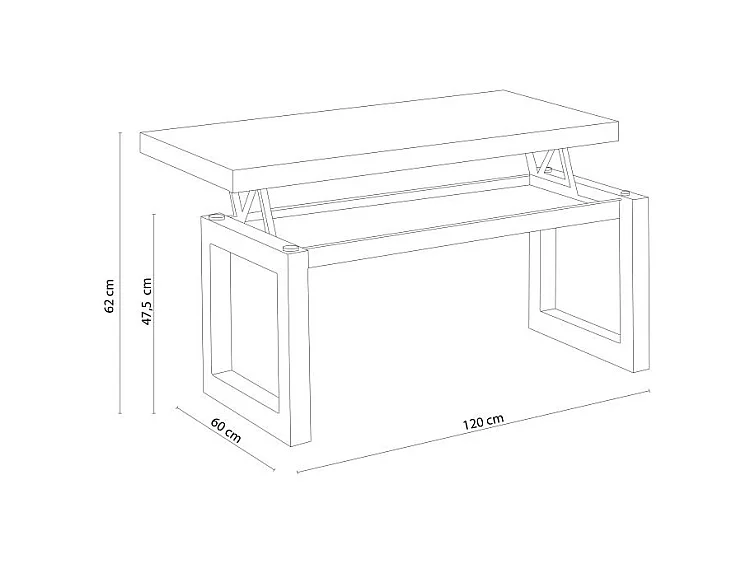 Mesa de centro elevable Loft con hueco de almacenaje roble american/negro 47,5-62x120x60 cm Adec