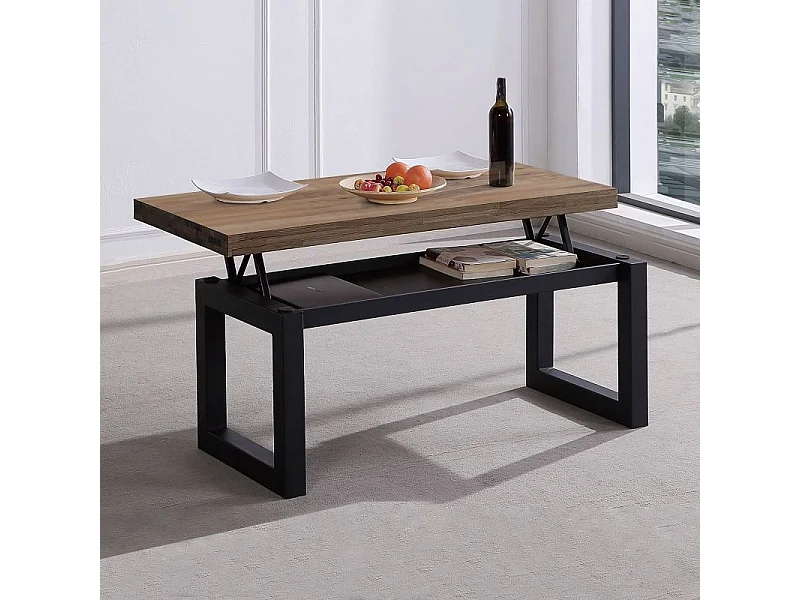 Mesa de centro elevable Loft con hueco de almacenaje roble american/negro 47,5-62x120x60 cm Adec