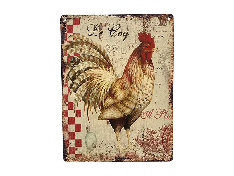 Plaque murale décorative vintage en métal multicolore coq 33x25cm