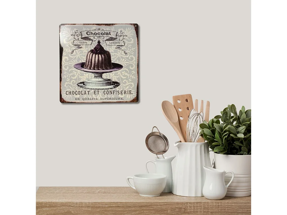 Plaque murale décorative en métal vintage marron chocolat 30x30cm