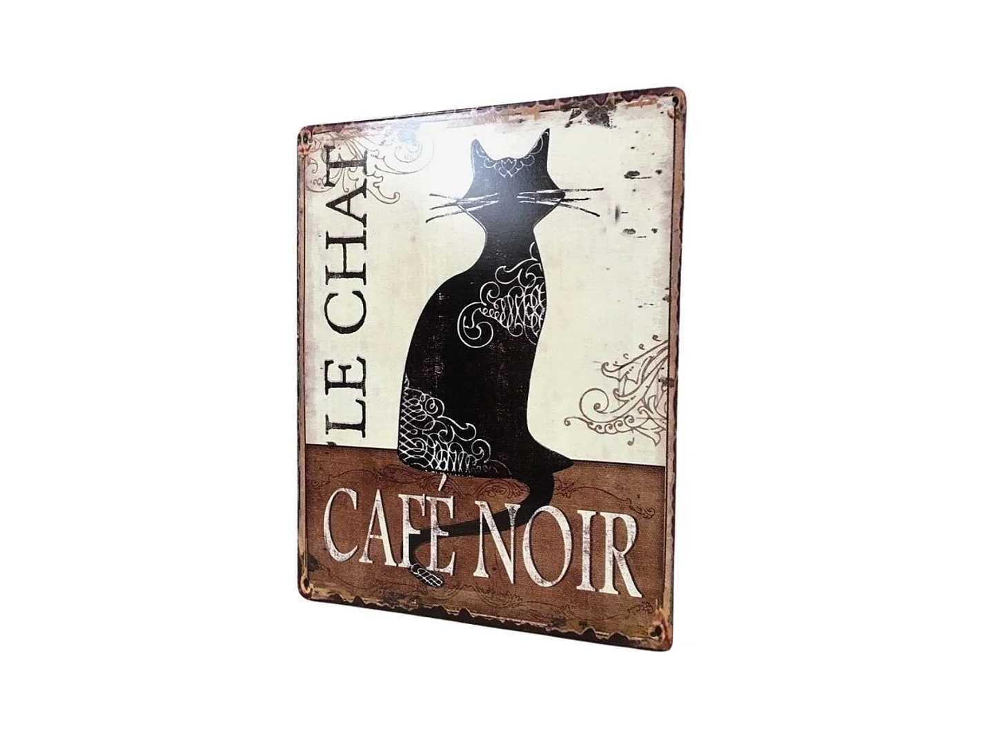 Plaque murale décorative vintage fer noir marron chat café 33x25cm