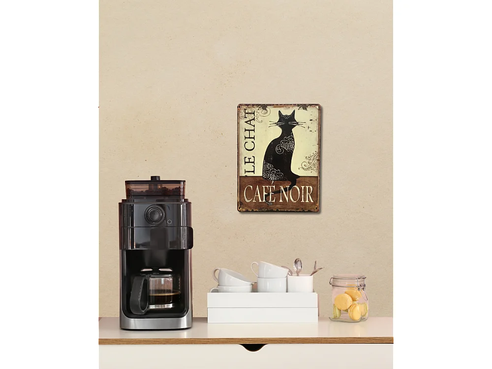 Plaque murale décorative vintage fer noir marron chat café 33x25cm